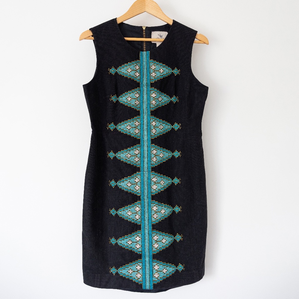 Anthropologie: Tabitha embroidered black textured midi dress Size 8